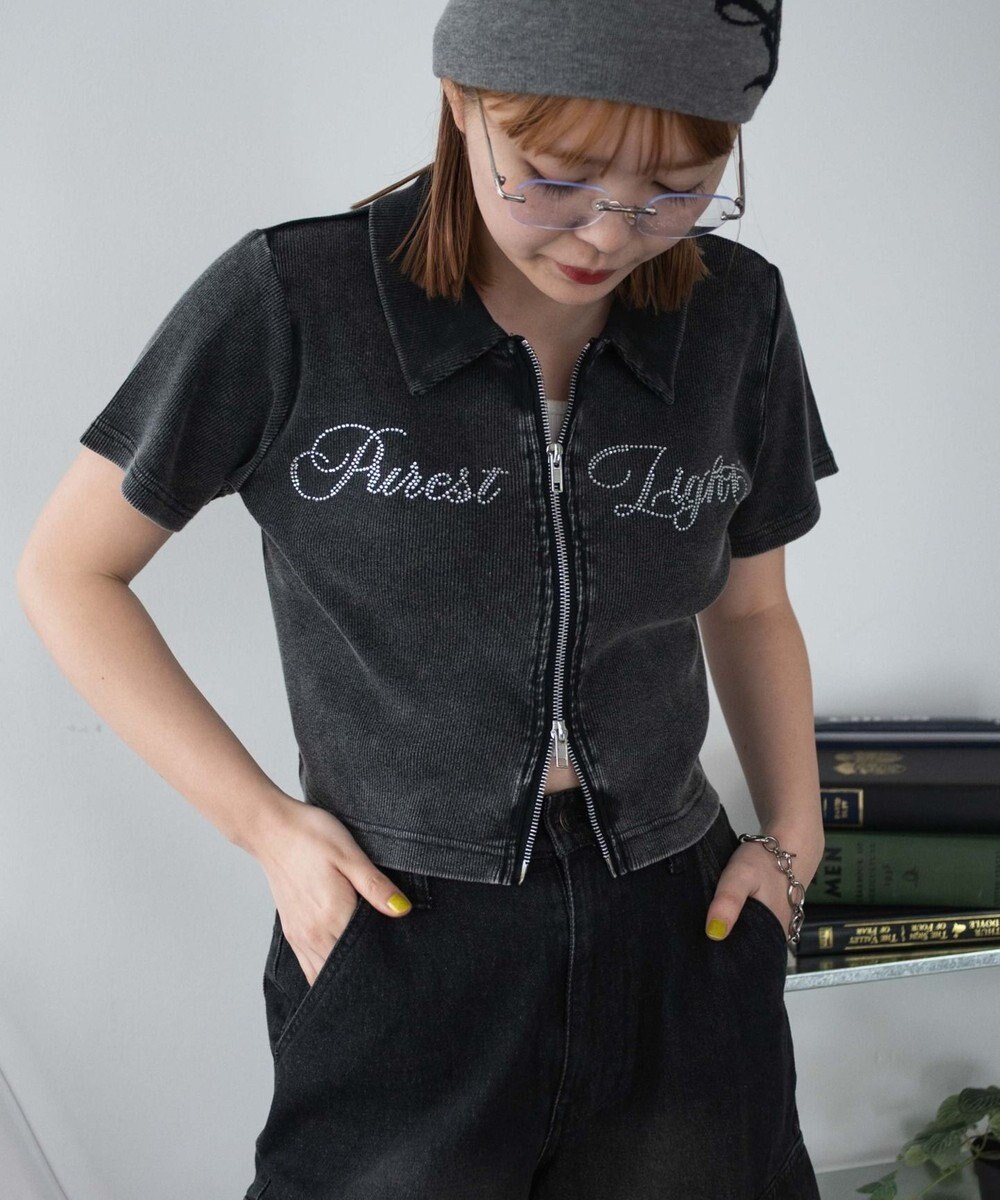 WEGO ラインストーンロゴWZIPトップス 