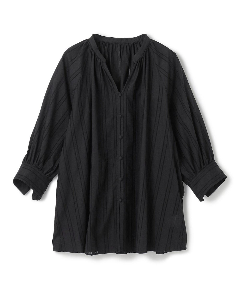 UNFILO ストライプレース ギャザーブラウス 