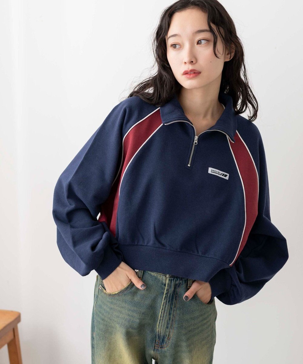 WEGO パイピング切替ショートハーフZIPスウェット 