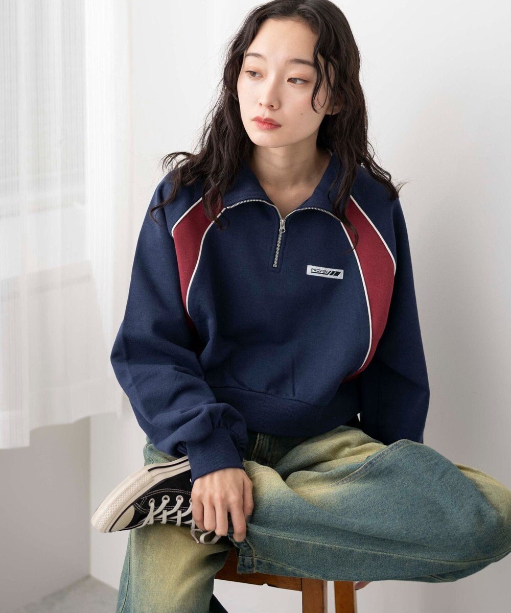 WEGO パイピング切替ショートハーフZIPスウェット 