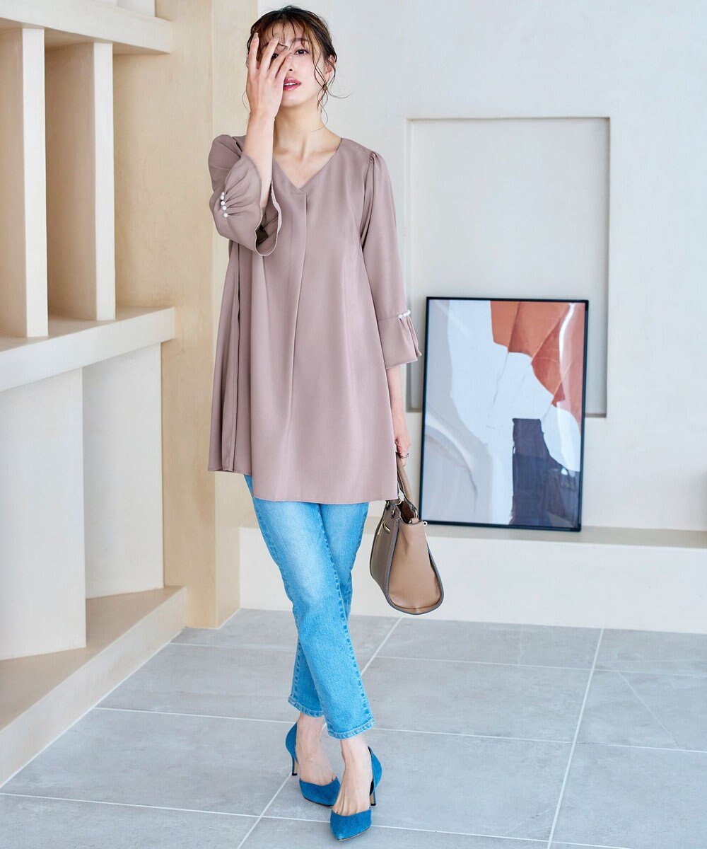 Tiaclasse 【洗える】タックフレアパール付き袖チュニックブラウス 