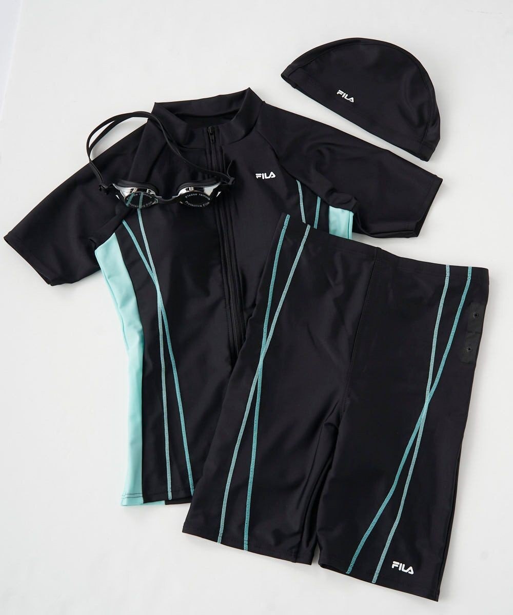 OP／FILA 【FILA】フルジップ半袖フィットネス水着4点セット/キャップ＆ミラーゴーグル付き 