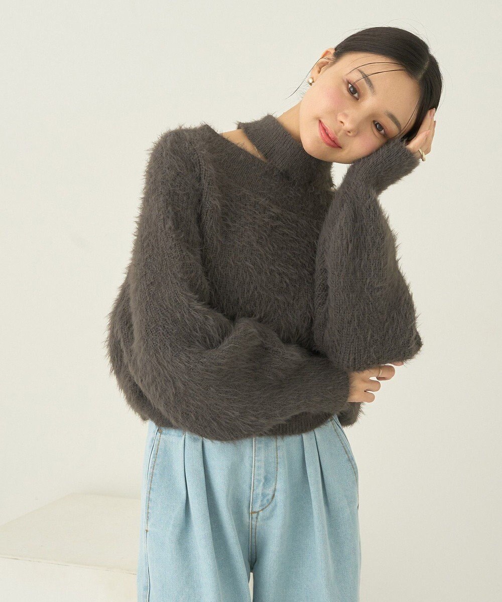 earth music&ecology ロングシャギースリットネックニットプルオーバー 