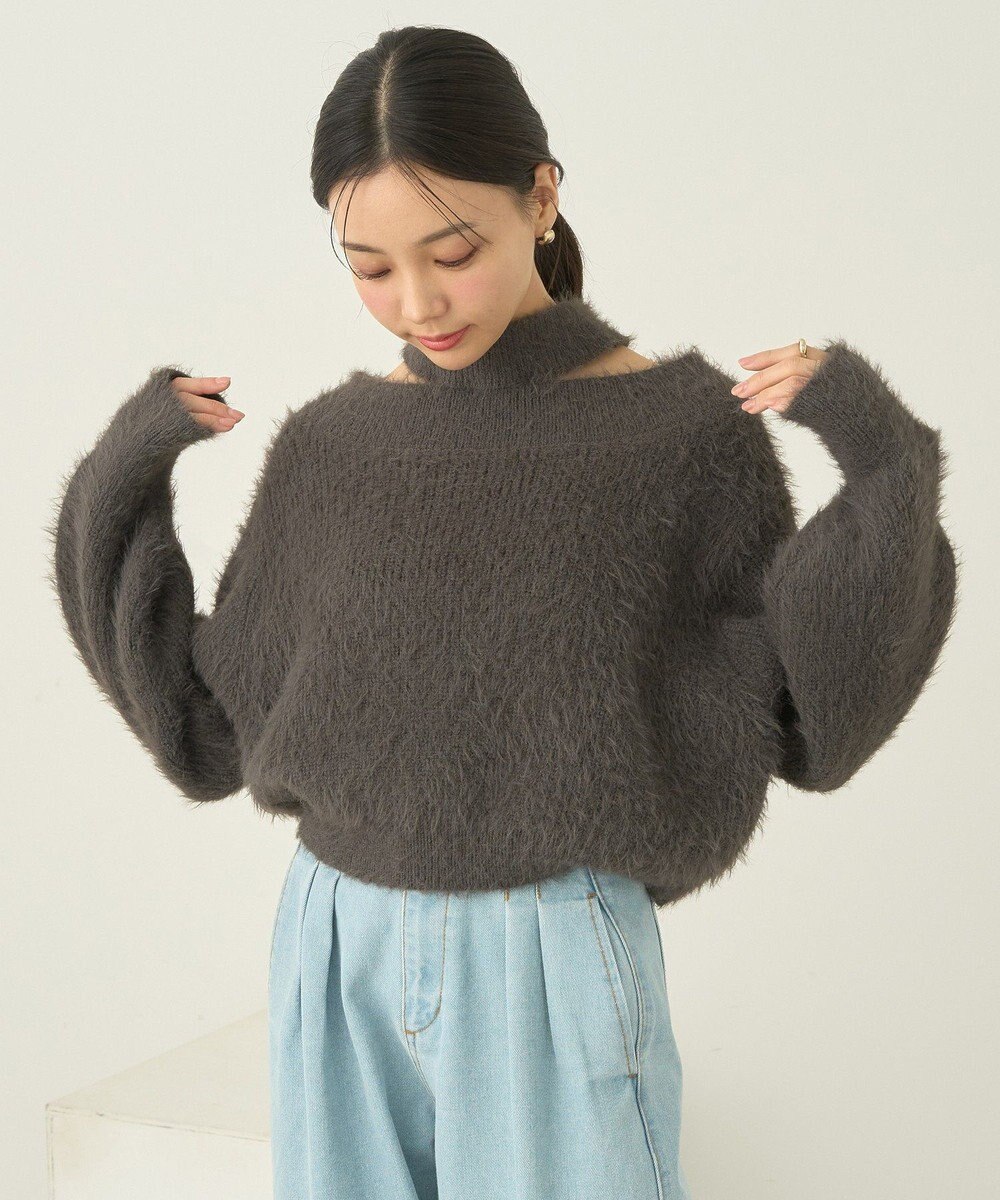 earth music&ecology ロングシャギースリットネックニットプルオーバー 