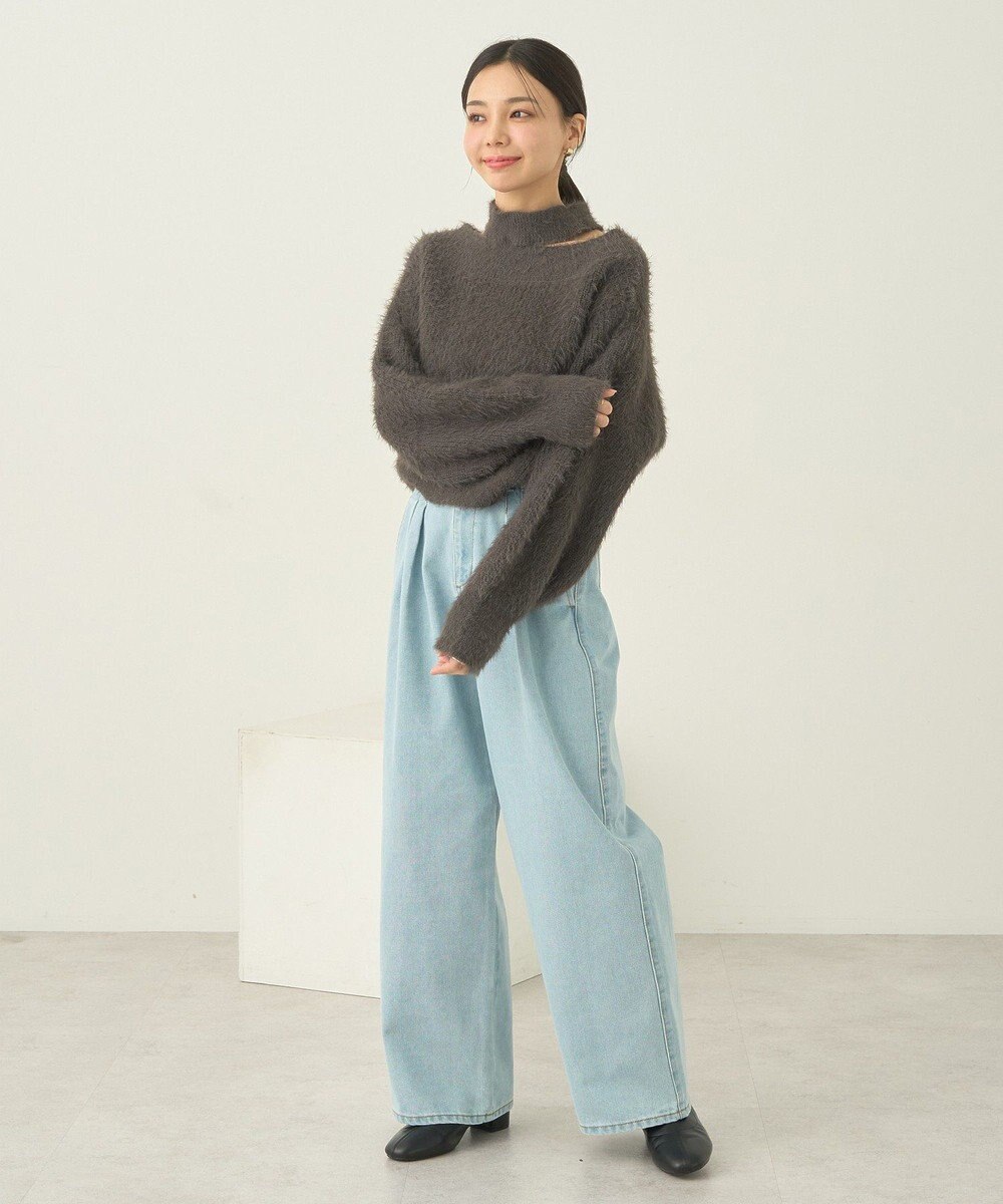 earth music&ecology ロングシャギースリットネックニットプルオーバー 