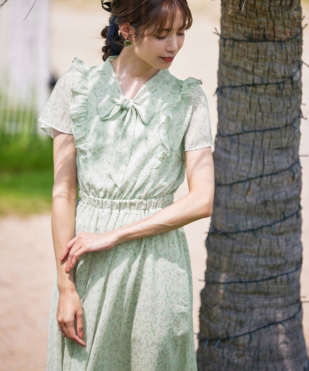 Tiaclasse 【洗える】花柄ボウタイフレアワンピース 