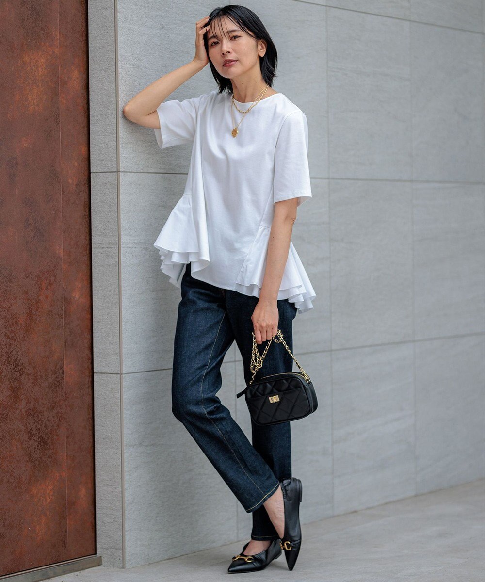 23区 L 【洗える】コットンポンチコンビジャージー ペプラム カットソー 