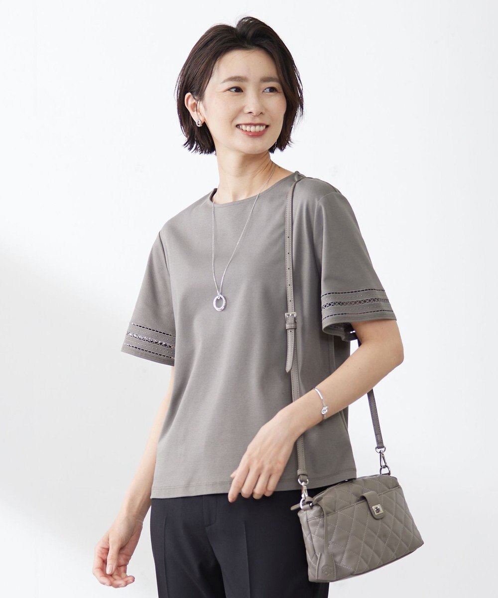 J.PRESS LADIES 【接触冷感・UVケア】コンパクトコットンスムース 刺繍スリーブ カットソー 