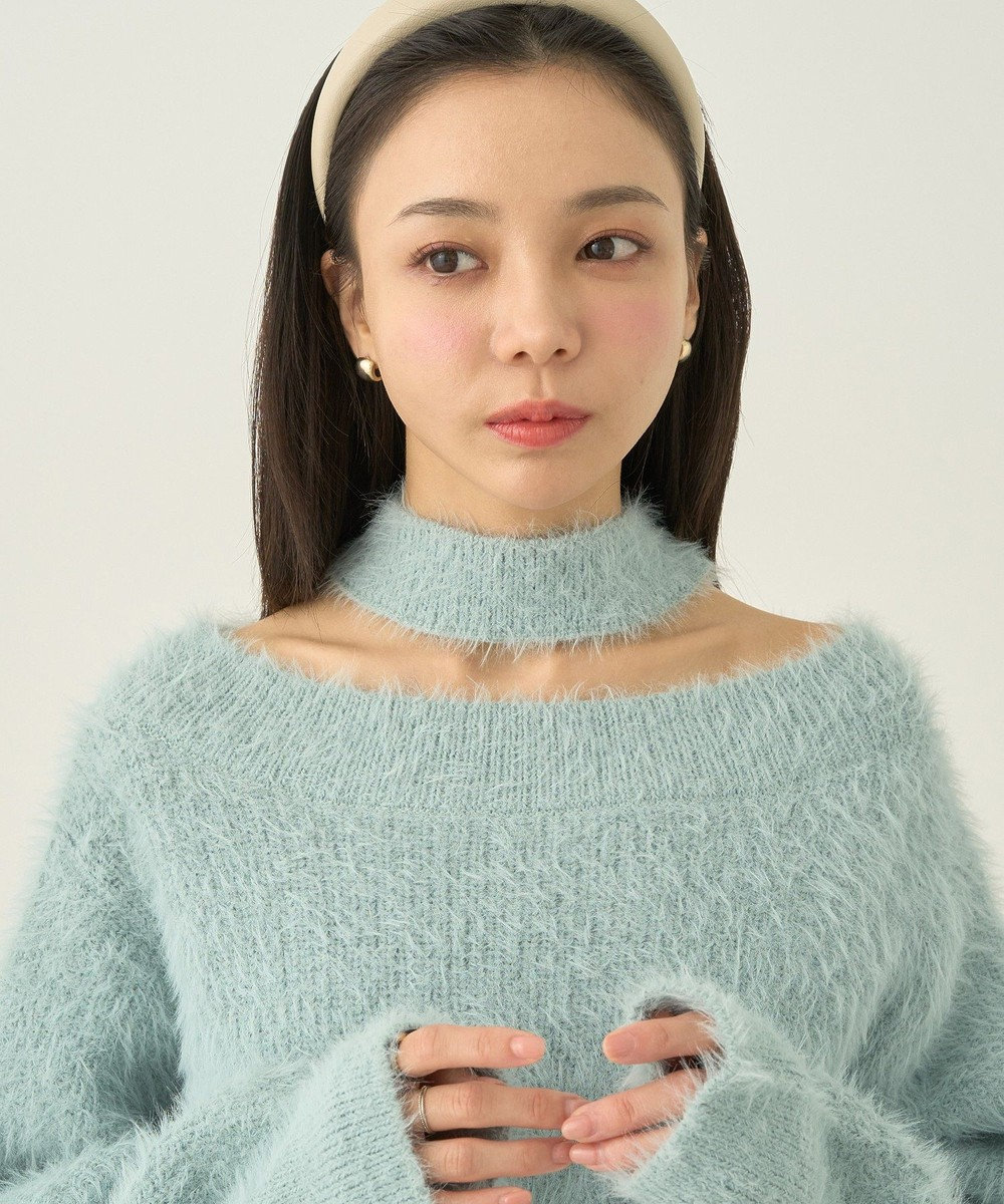 earth music&ecology ロングシャギースリットネックニットプルオーバー Mint Green