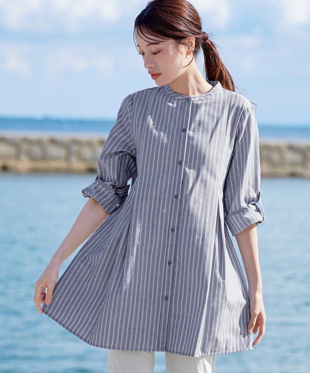 Tiaclasse L 【新色追加】バンドカラーシャツチュニックブラウス 