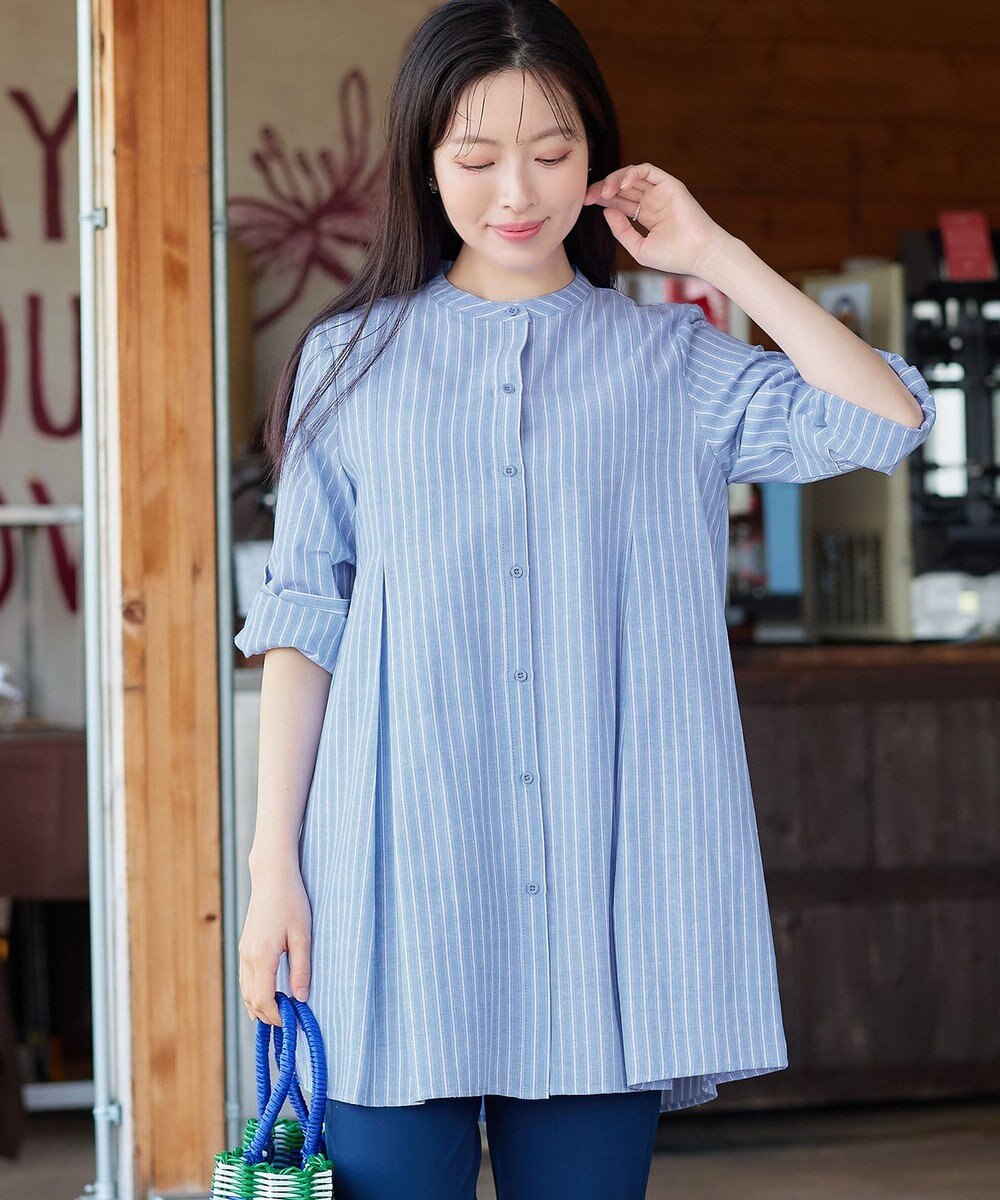 Tiaclasse L 【新色追加】バンドカラーシャツチュニックブラウス 