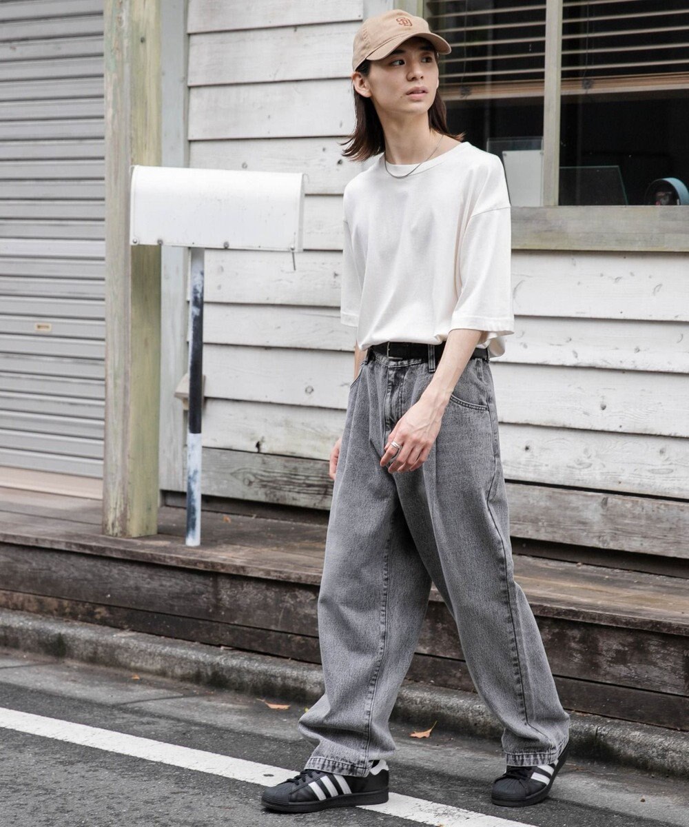 WEGO 【ユニセックス着用ITEM/ウエストゴム/SMLサイズ展開】デニムルーズテーパードパンツ 