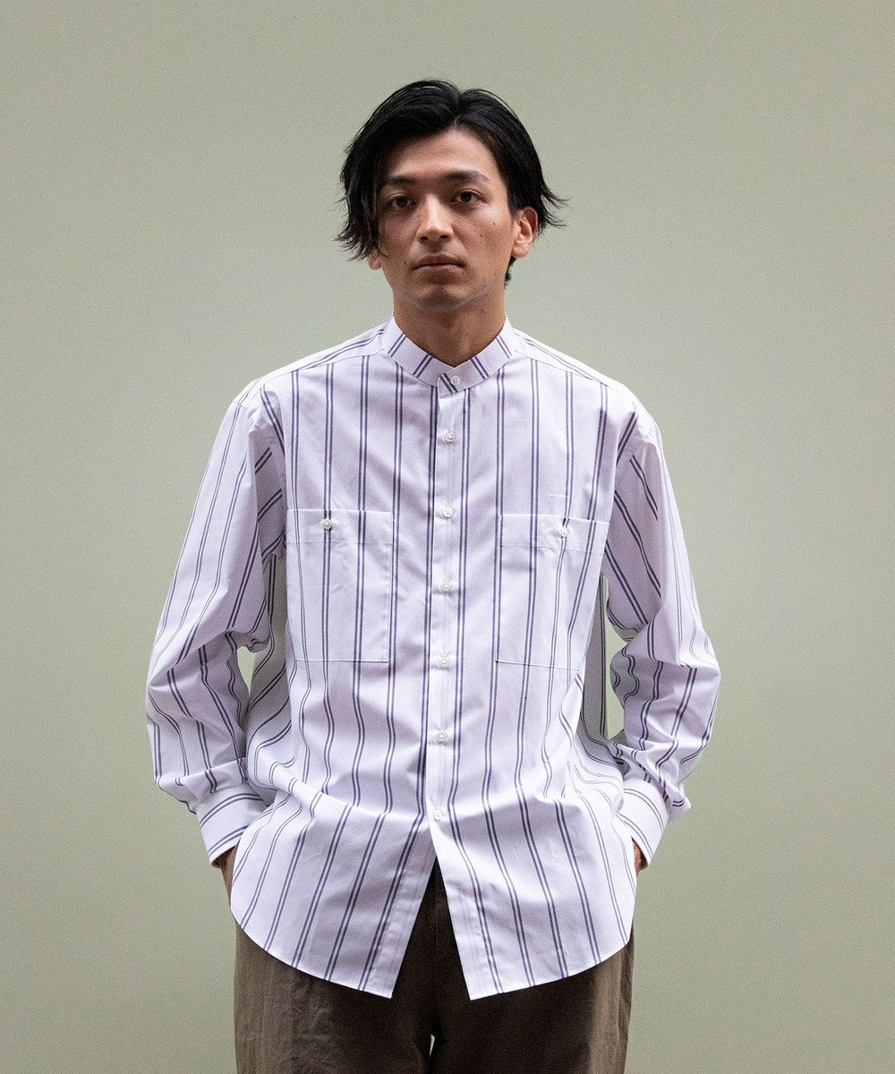 KASHIYAMA GIZA 100/2 バンドカラーシャツ ネイビーレールストライプ