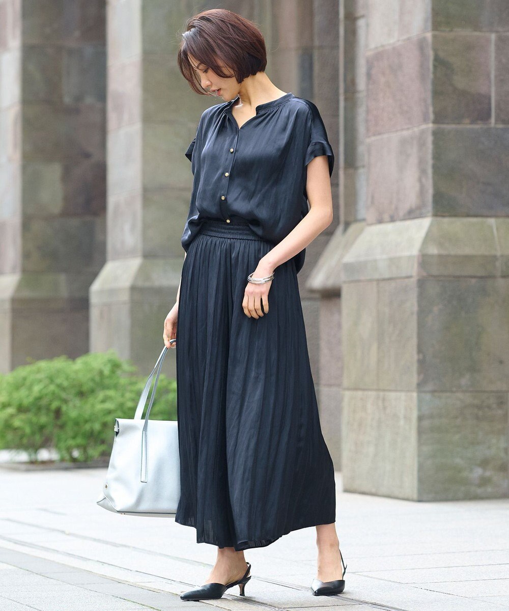 自由区 【ウエストゴム・長さ調整可・洗える・XSサイズあり】ビンテージサテン ガウチョパンツ 