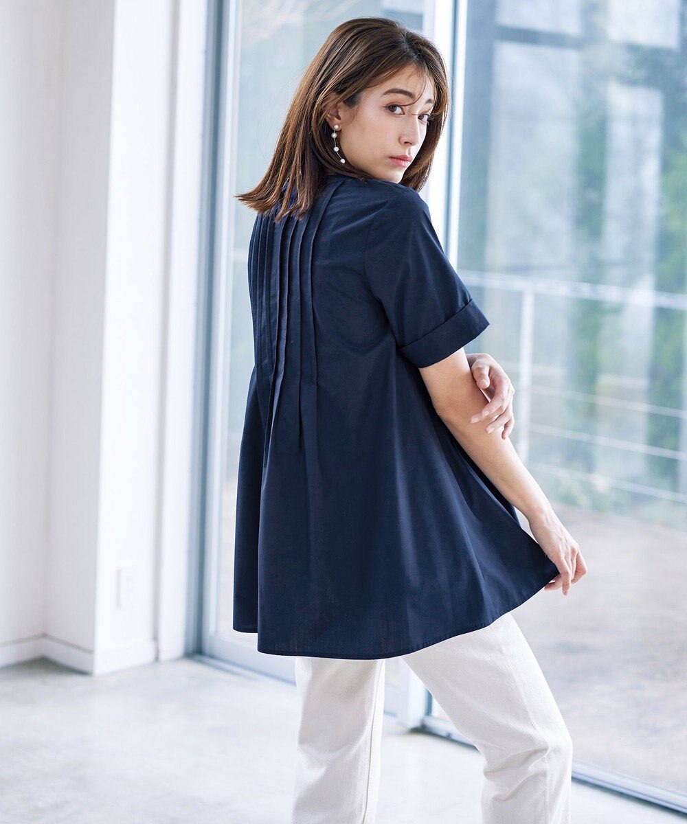 Tiaclasse L 【洗える】バックピンタックフレアチュニックブラウス 