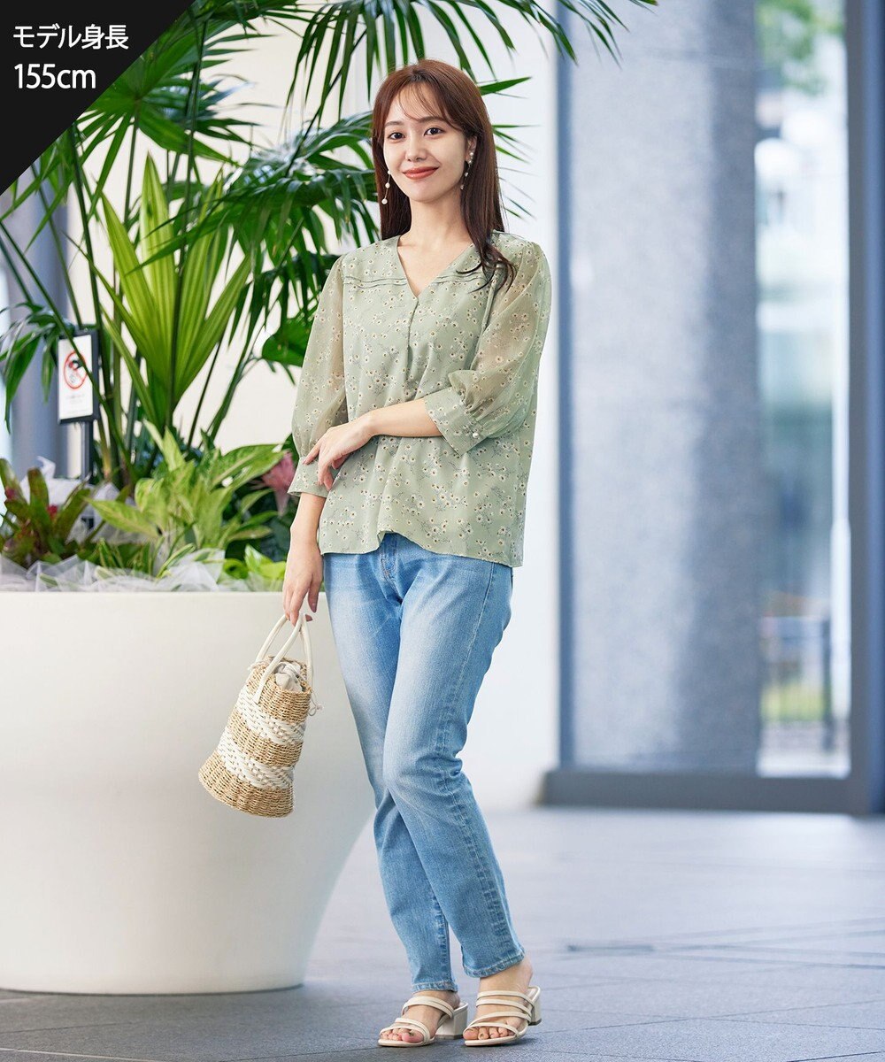 Tiaclasse L 【洗える】花柄Vネックブラウス 