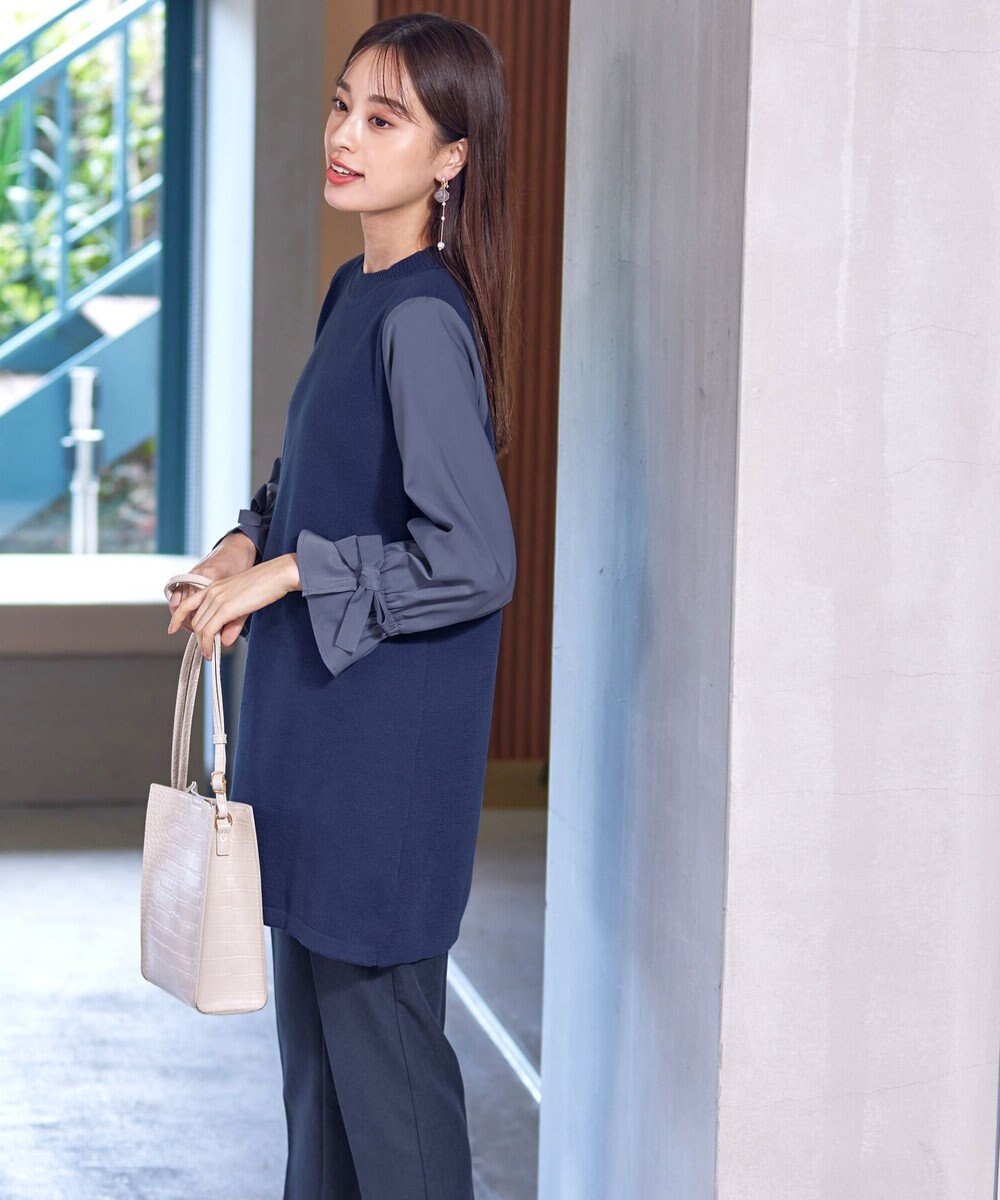 Tiaclasse L 【洗える】ボリュームリボン袖ニットコンビチュニック 