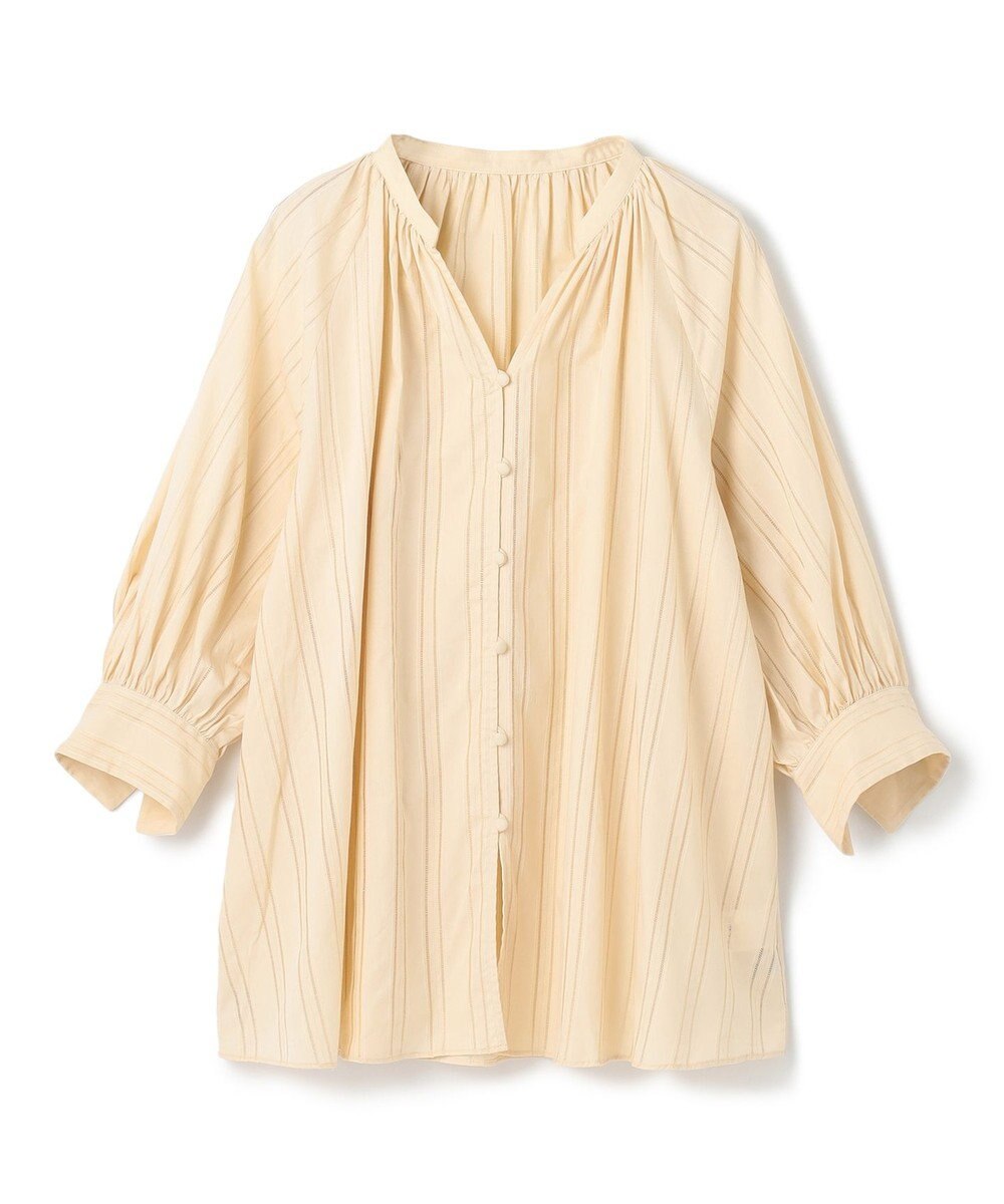 UNFILO ストライプレース ギャザーブラウス 