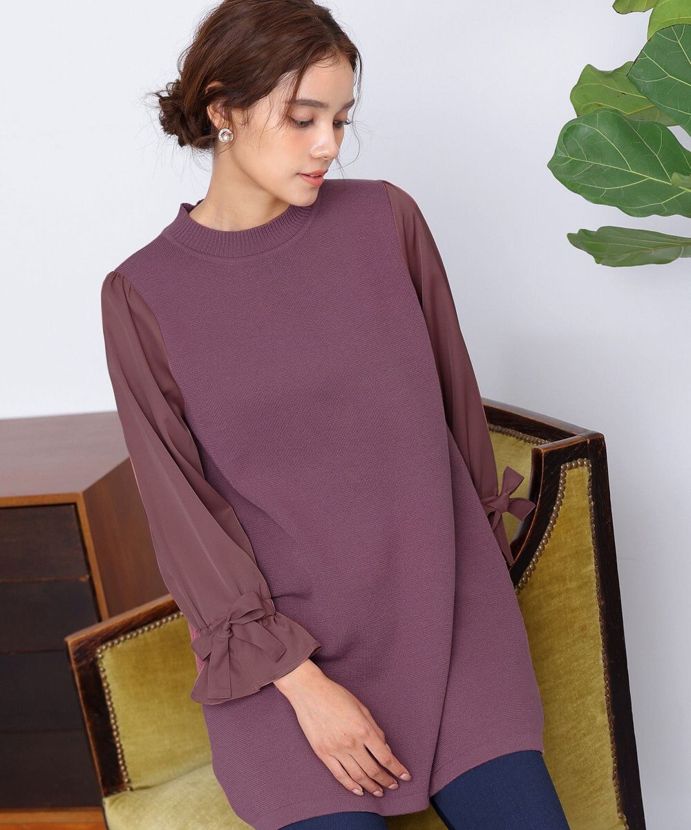 Tiaclasse L 【洗える】ボリュームリボン袖ニットコンビチュニック 