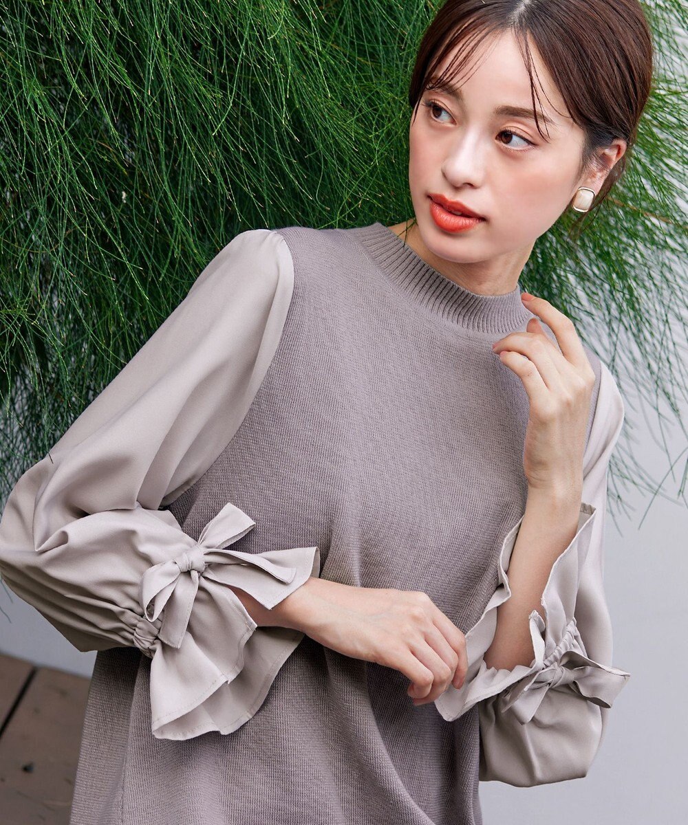 Tiaclasse L 【洗える】ボリュームリボン袖ニットコンビチュニック 