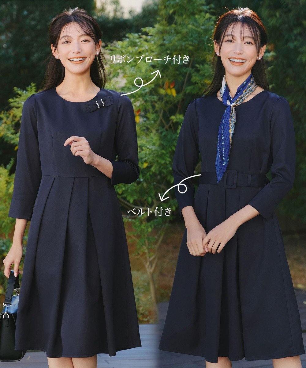 Tiaclasse 【3WAY】リボンブローチ＆ベルト付きフレアワンピース 