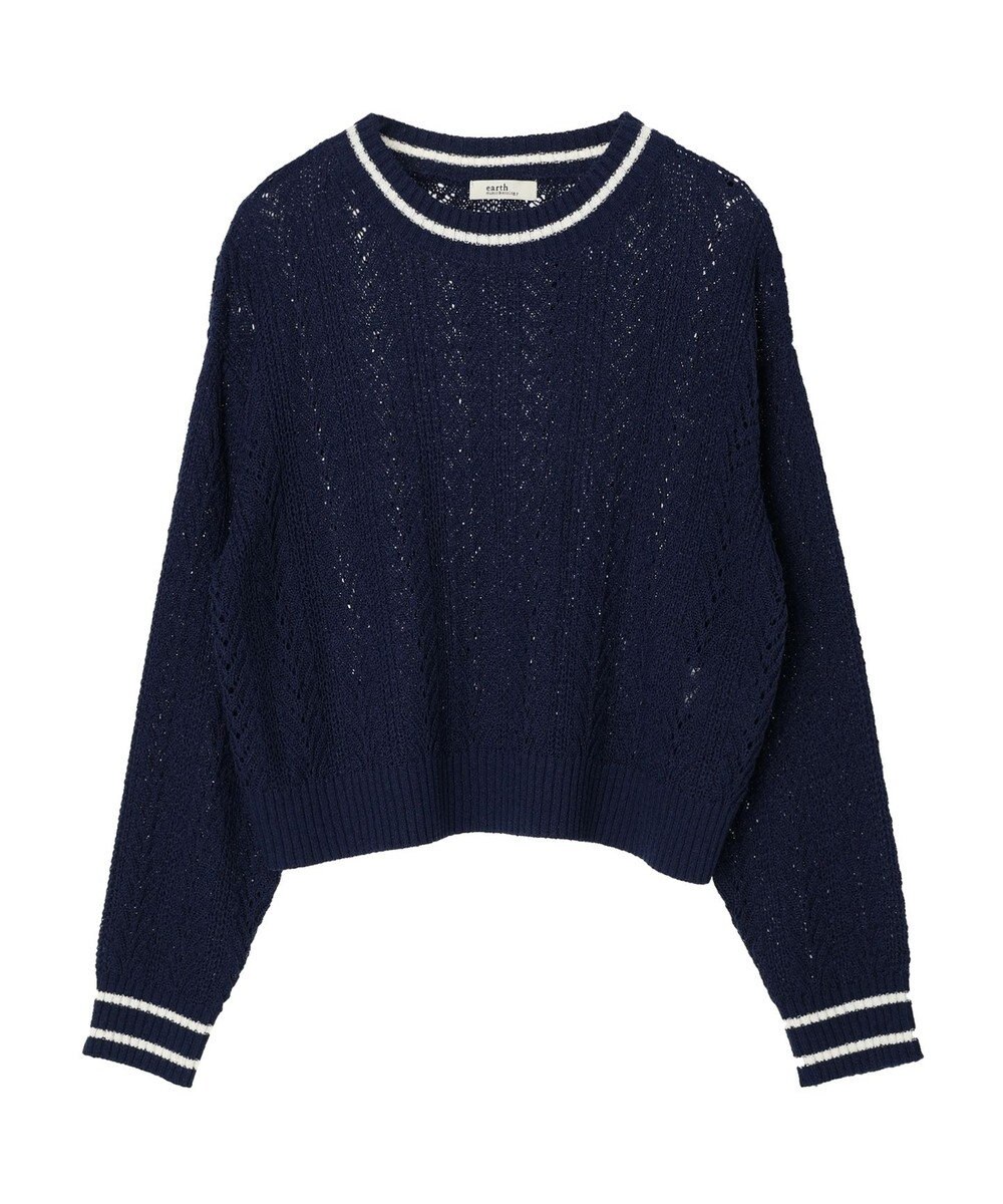 earth music&ecology ライン入り透かし編みニットプルオーバー 