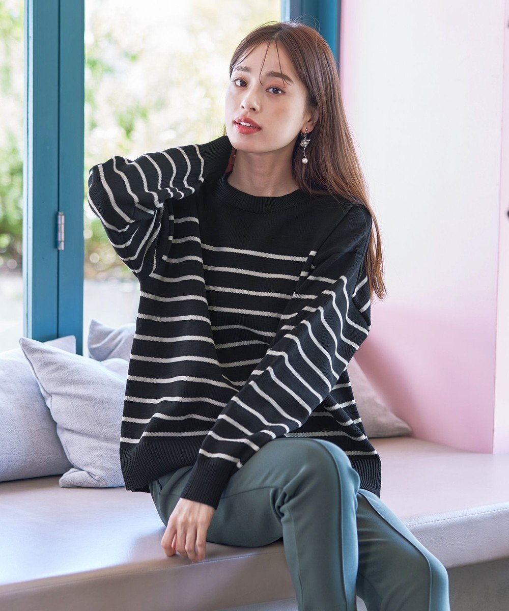 Tiaclasse 【洗える】ボーダー柄スポンジニットトップス 