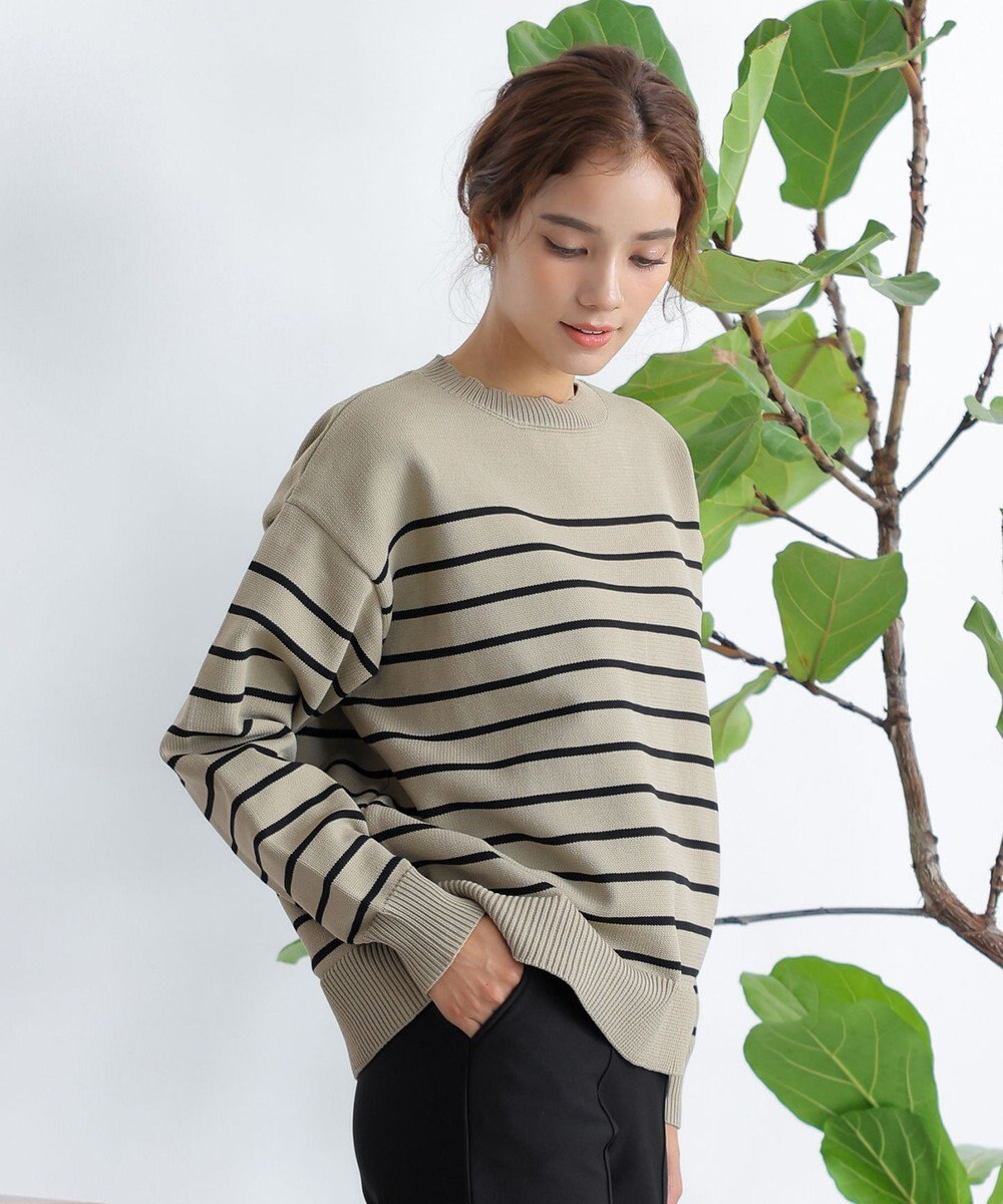 Tiaclasse 【洗える】ボーダー柄スポンジニットトップス 