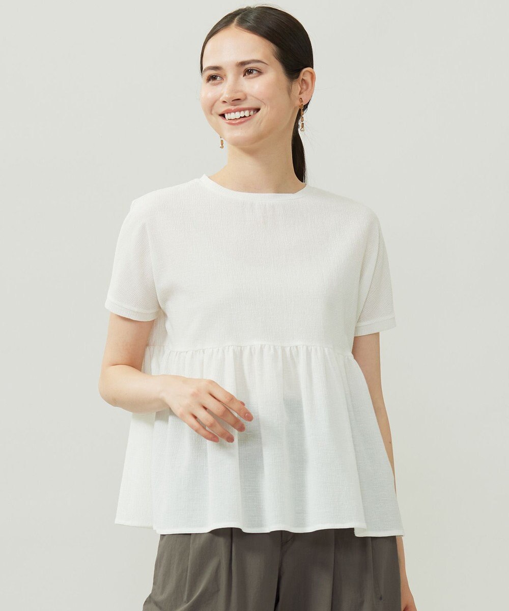 自由区 【洗える】リネンサッカーコンビペプラム カットソー 