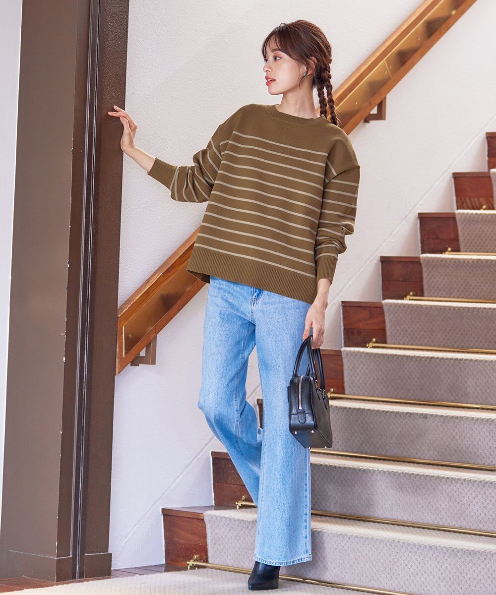 Tiaclasse 【洗える】ボーダー柄スポンジニットトップス 