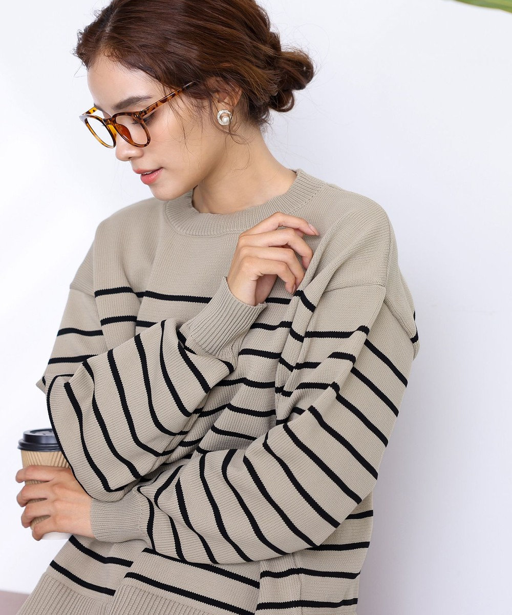 Tiaclasse 【洗える】ボーダー柄スポンジニットトップス 