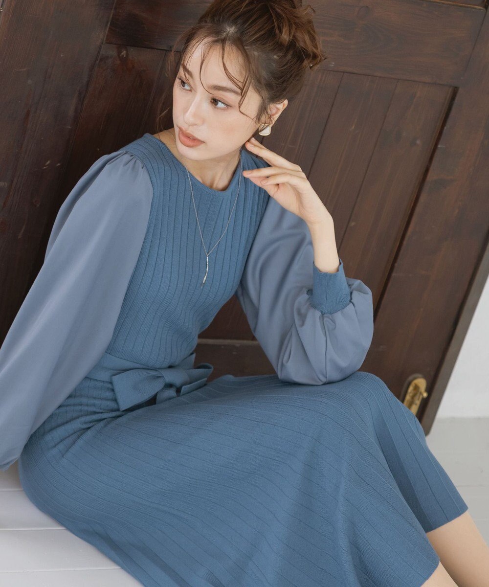 Tiaclasse 【洗える】パフ袖ニットコンビワンピース 