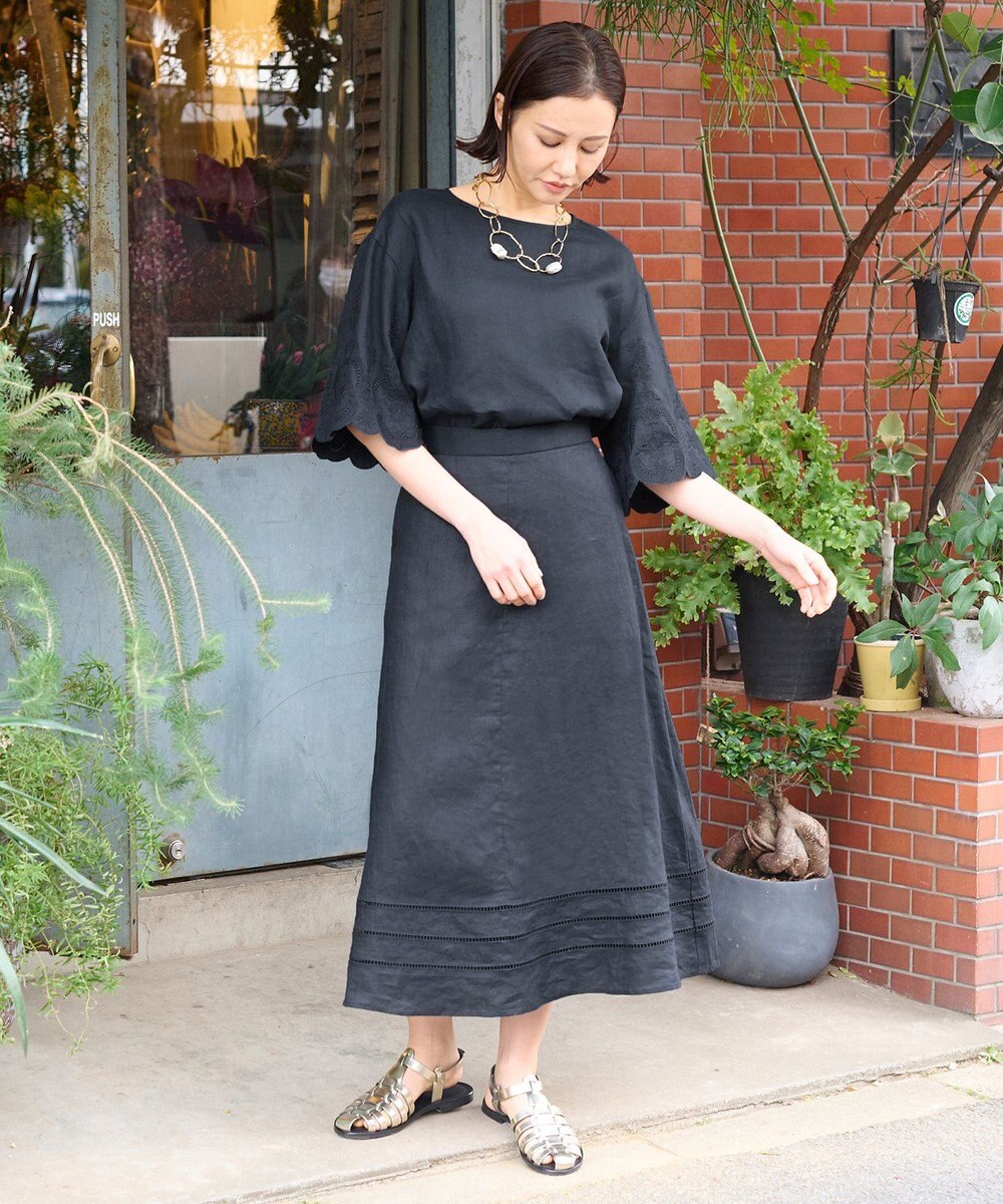 自由区 【XSサイズ～/洗える/セット可】エンブロイダリーリネンフレア袖 ブラウス 