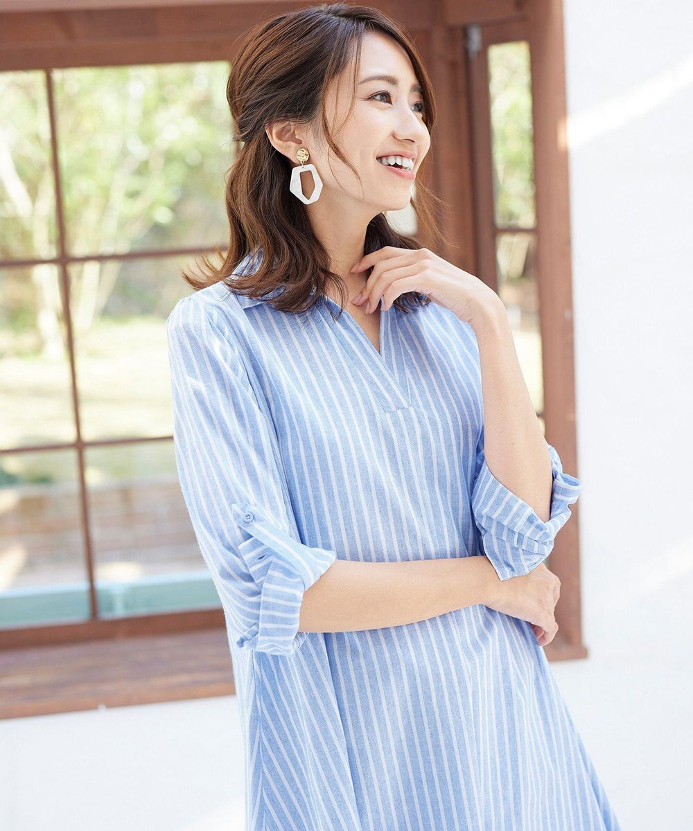 Tiaclasse 【洗える】 麻調Aラインシャツワンピース 