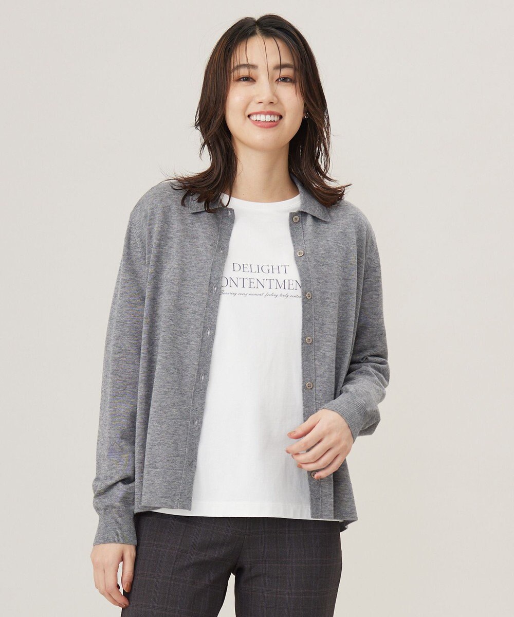 J.PRESS LADIES S 【洗える】WORSTED WOOL BLEND ポロ襟付き カーディガン ライトグレー系