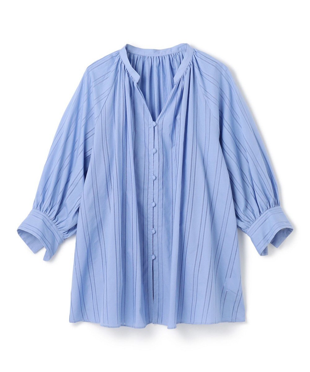 UNFILO ストライプレース ギャザーブラウス 