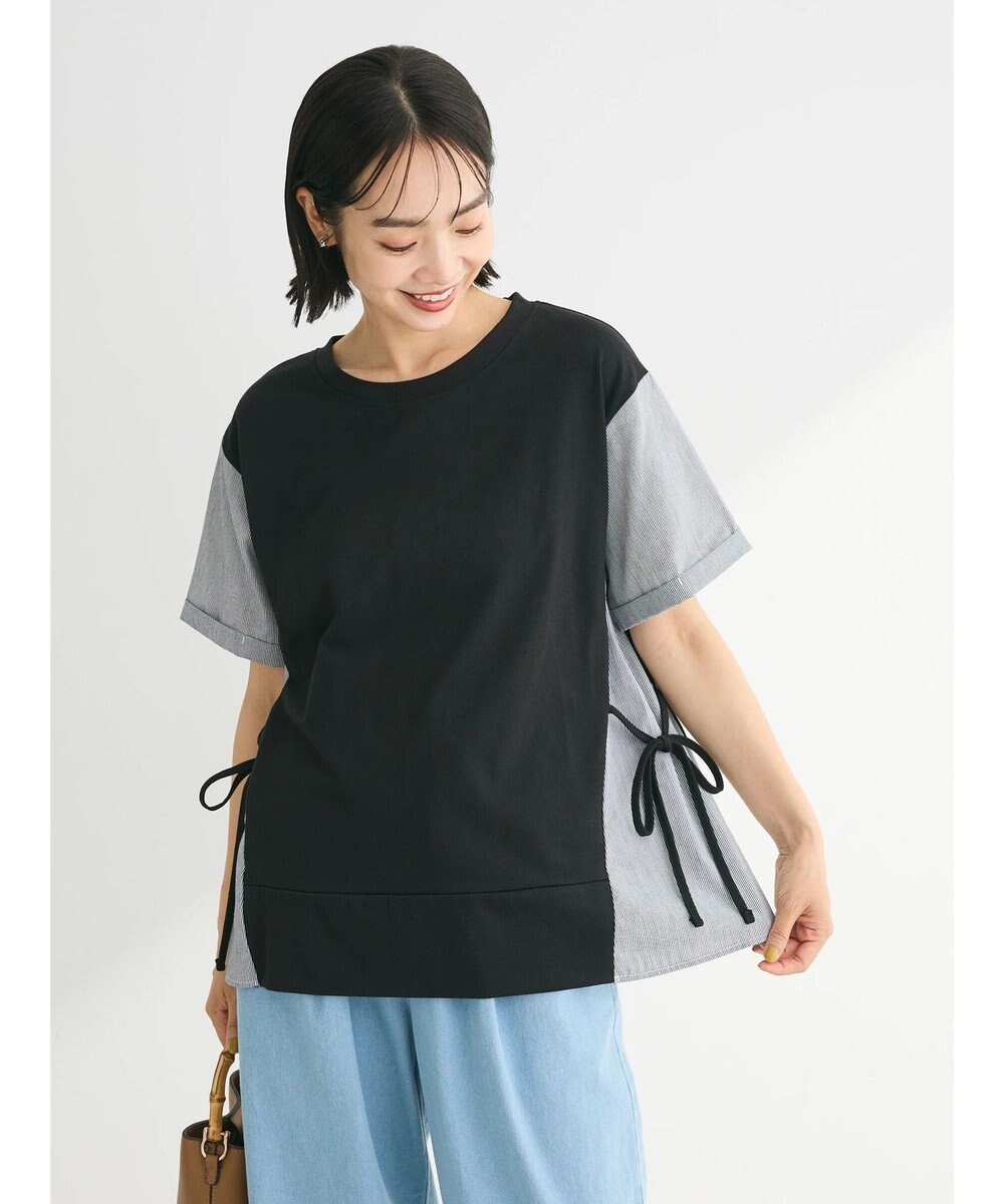 Green Parks 脇リボン５分袖布帛ドッキングプルオーバー 