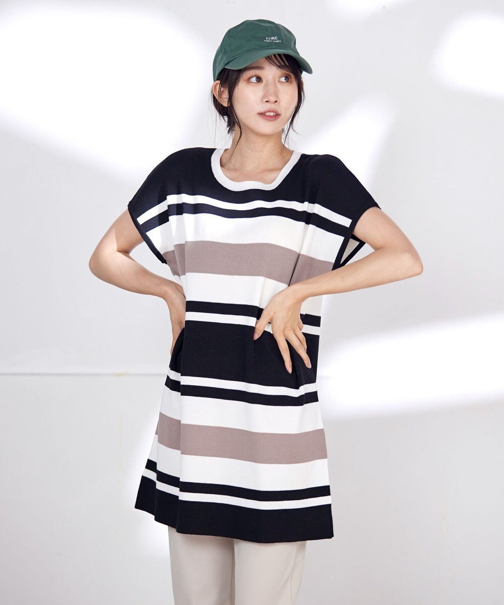 Tiaclasse L 【洗える】マルチボーダーフレンチニットチュニック 