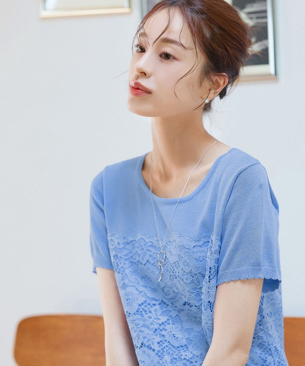 Tiaclasse L 【洗える】レースドッキングニットチュニック 