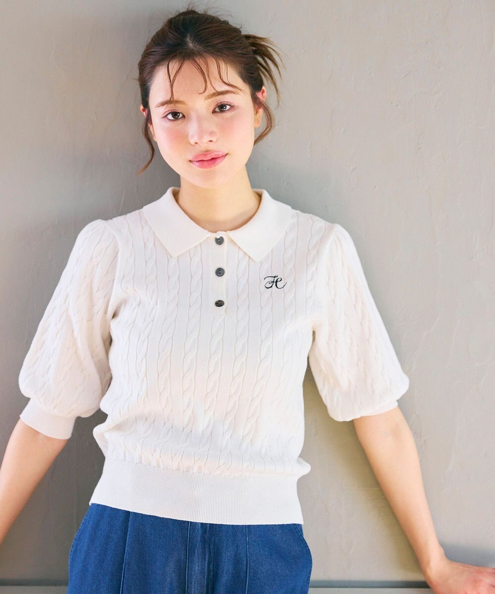 Feroux 胸元刺繍ケーブルポロ ニット 