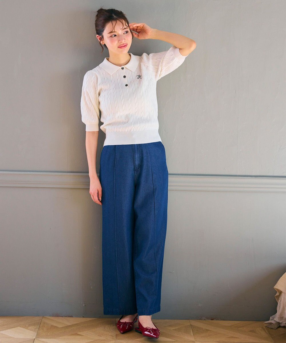 Feroux 胸元刺繍ケーブルポロ ニット 