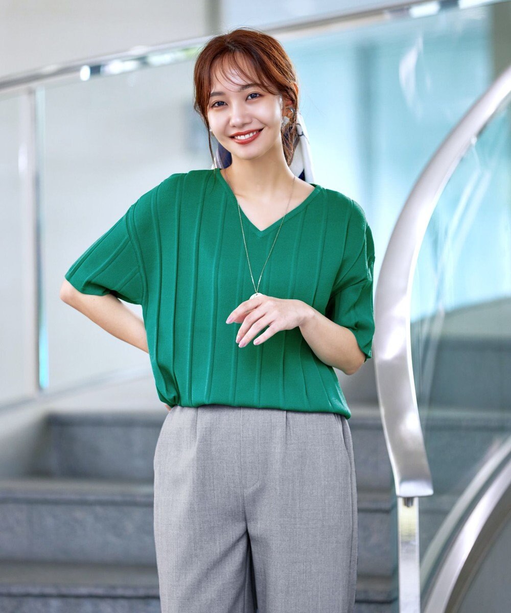 Tiaclasse L 【洗える】プリーツ編みVネックニットトップス 