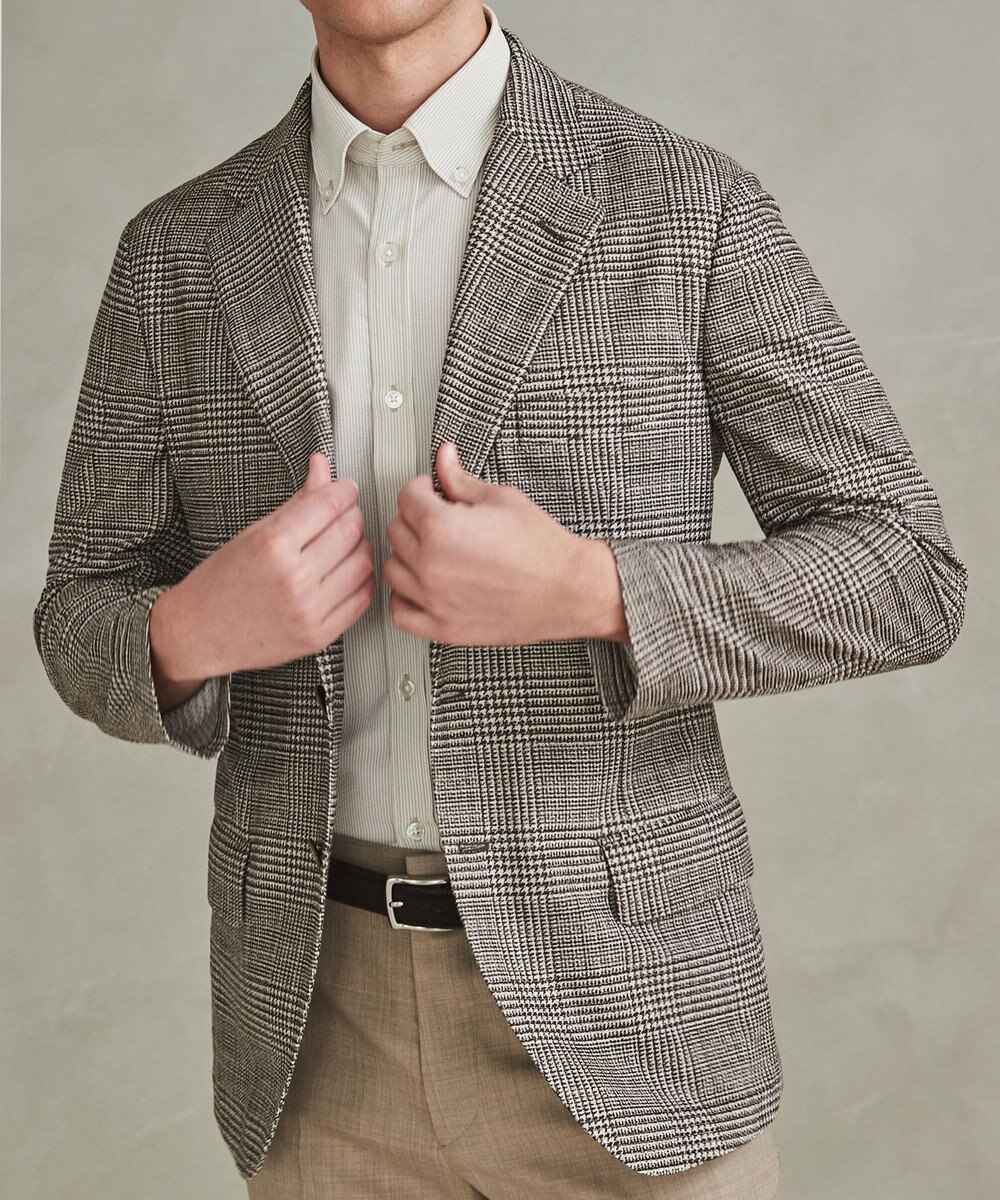 GOTAIRIKU 新柄【吸水速乾/ウォッシャブル】ノルマンディーリネン カーディガンジャケット＿グレンチェック柄 