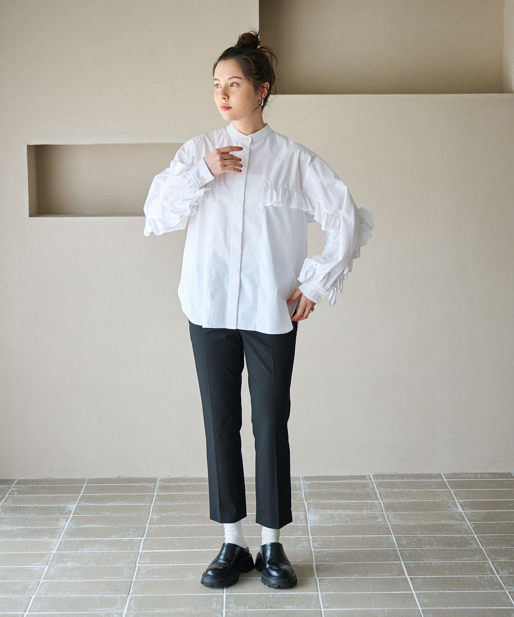 #Newans 【シワになりにくい/洗濯機可能】ラウンドフリルバンドカラーシャツ 