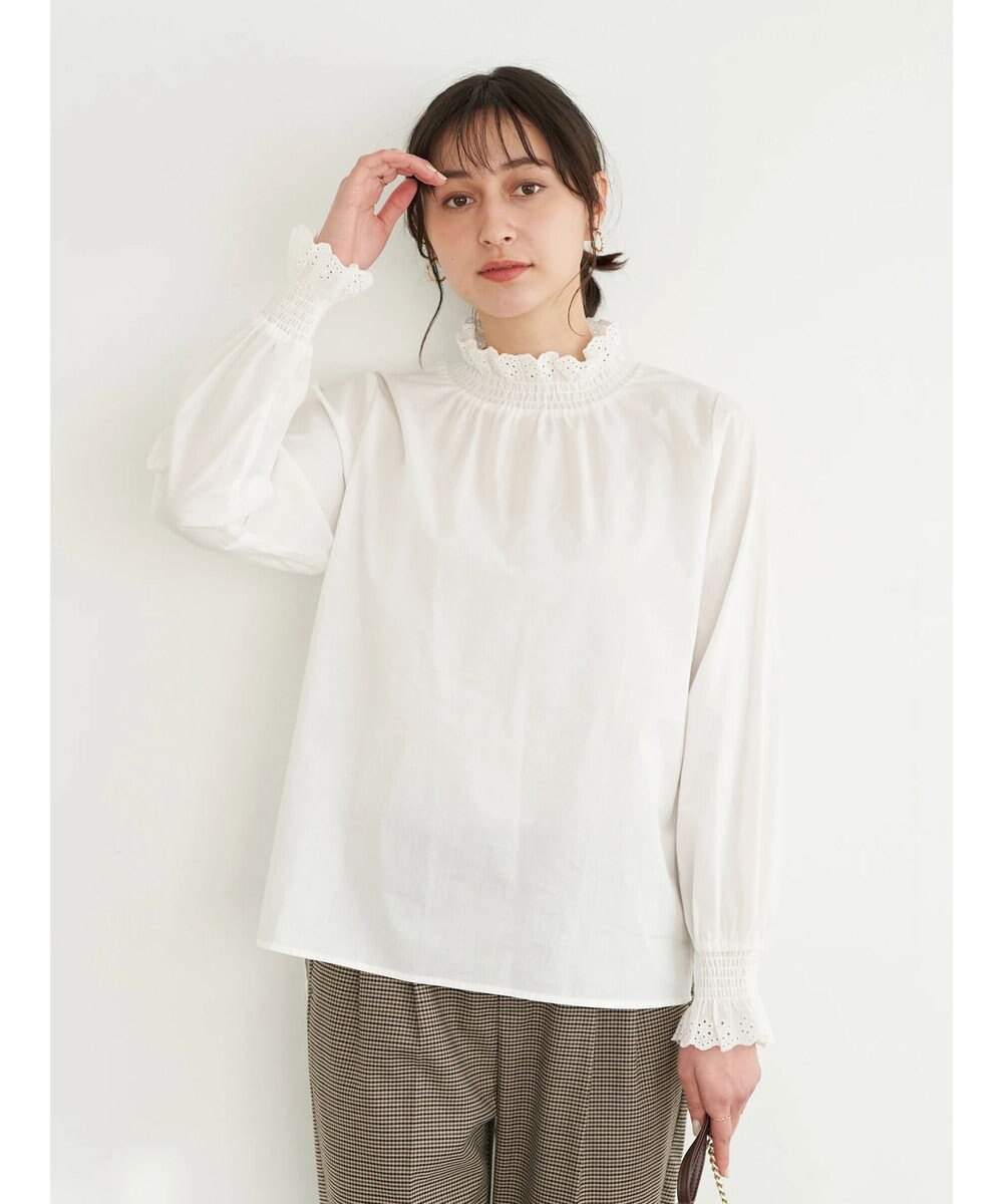 earth music&ecology ハイネックレースシャーリングブラウス Off White