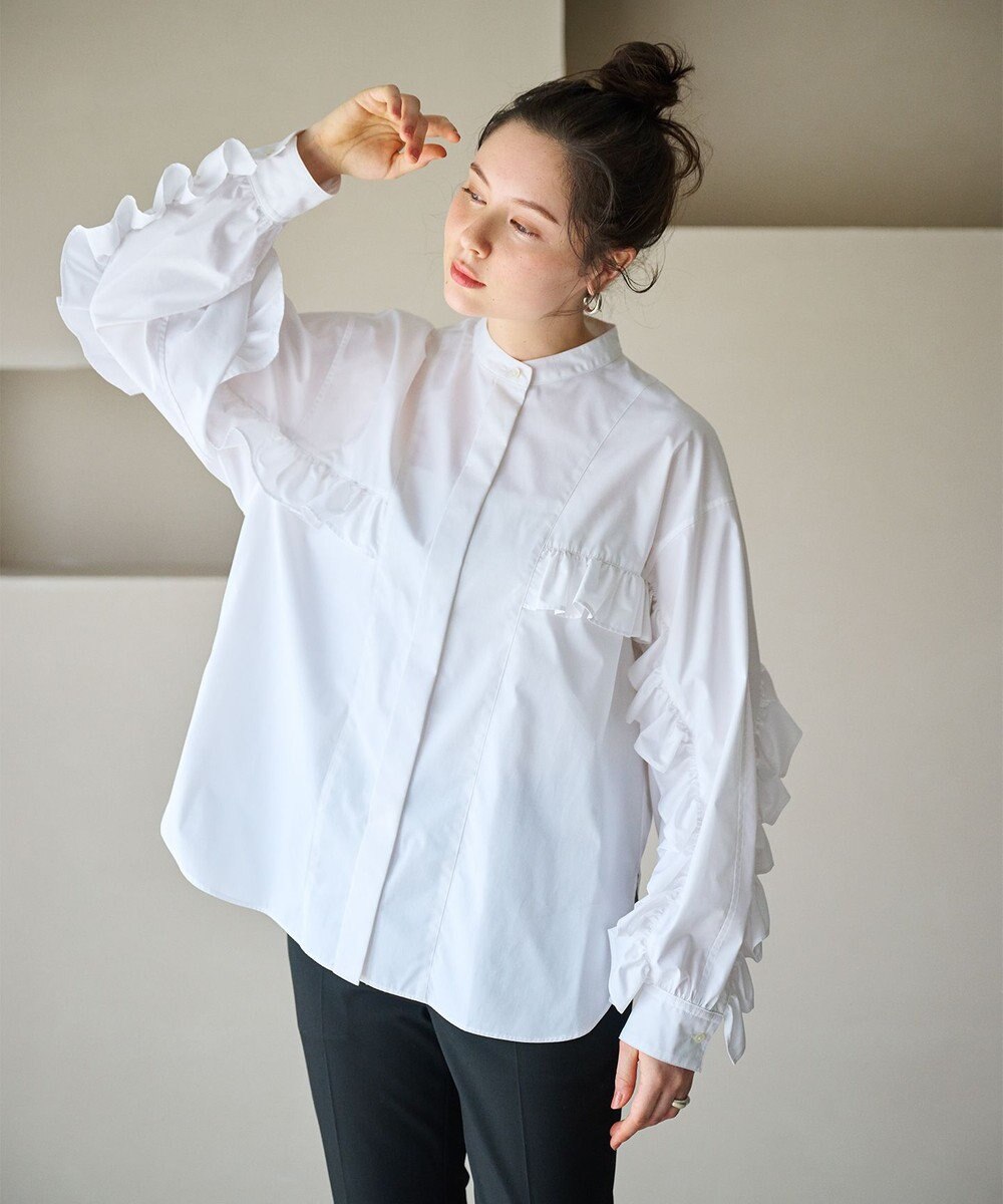 #Newans 【シワになりにくい/洗濯機可能】ラウンドフリルバンドカラーシャツ 