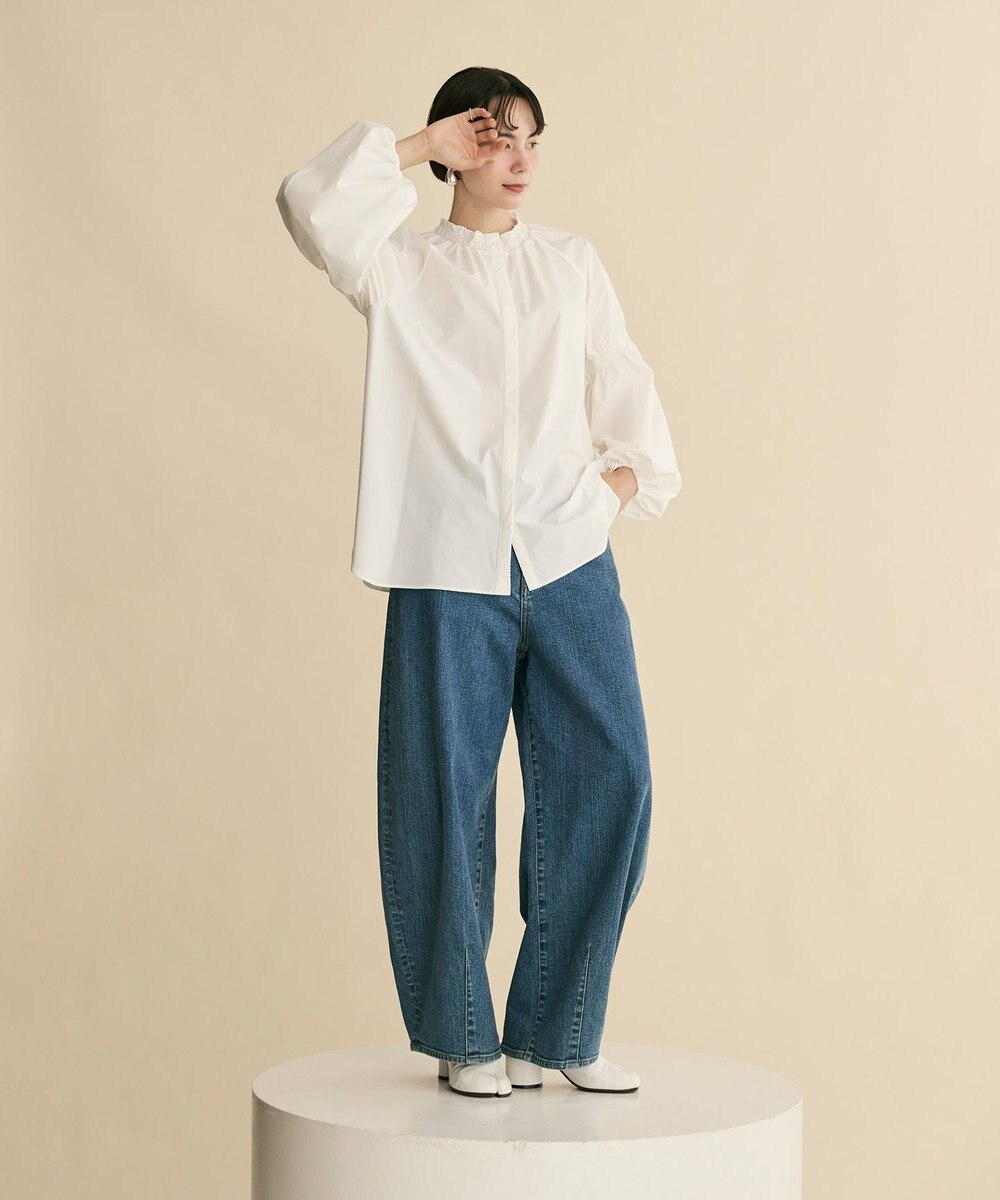 #Newans 【洗濯機可／撥水】シャーリングネック ボリュームスリーブシャツ 