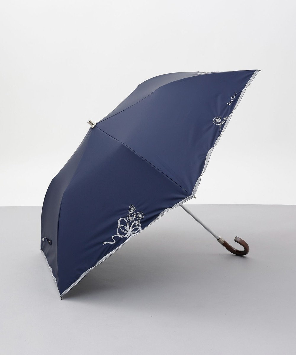 AURORA NINA RICCI （ニナリッチ)  リボン＆ネモフィラ風刺繍晴雨兼用パラソル（折り畳み・トップフラット傘） ネイビー