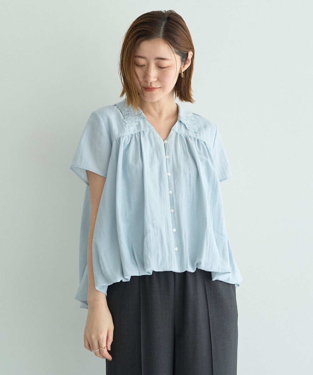 YECCA VECCA 刺繍カラーバルーンヘムブラウス 