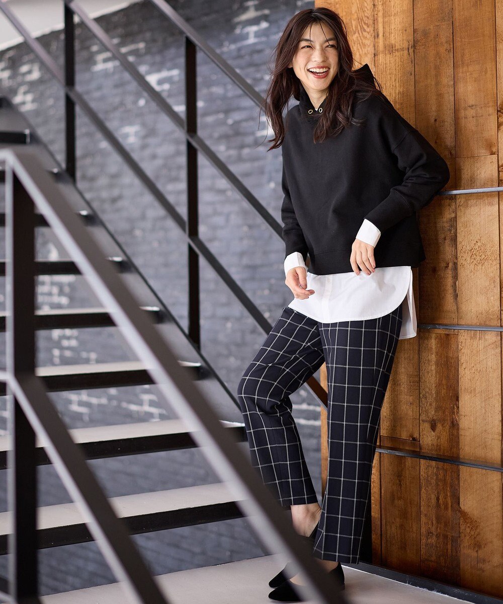 ANY 【洗濯機可/ストレッチ/ウエストゴム/裏起毛】マルチファンクションストレッチチェックテーパードパンツ 